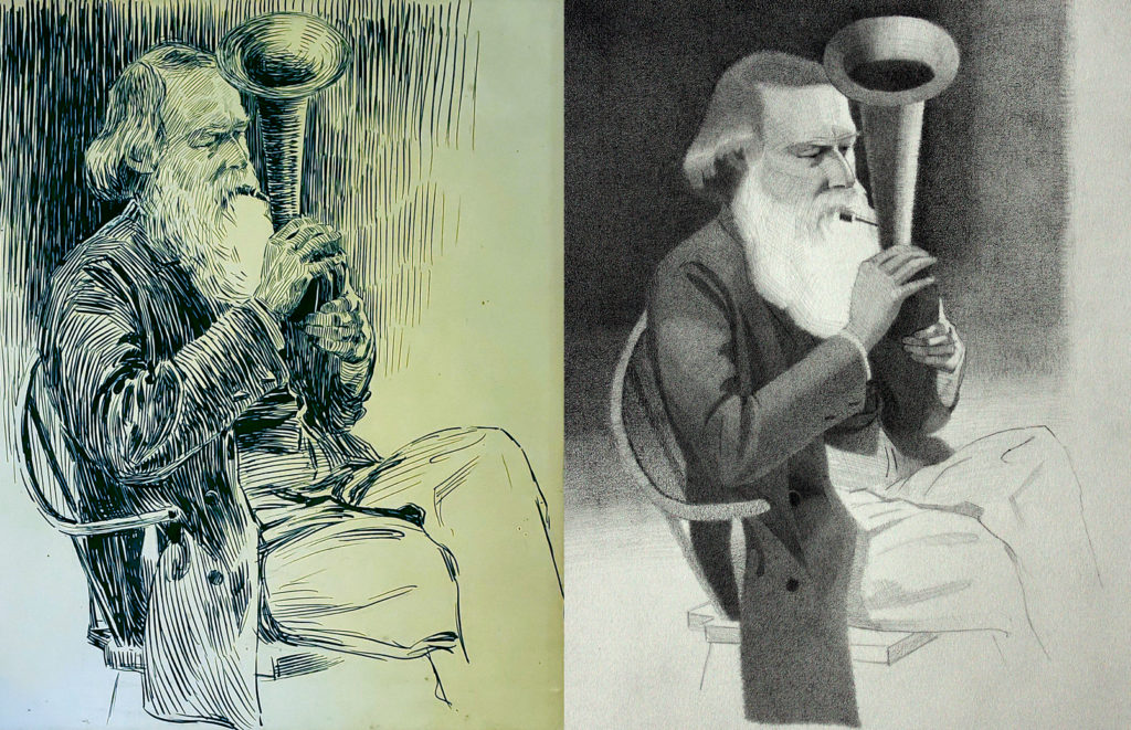 Left Image: Rowland Robinson playing the Alto Horn; Right Image: Copy of Rowland Robinson playing the Alto Horn