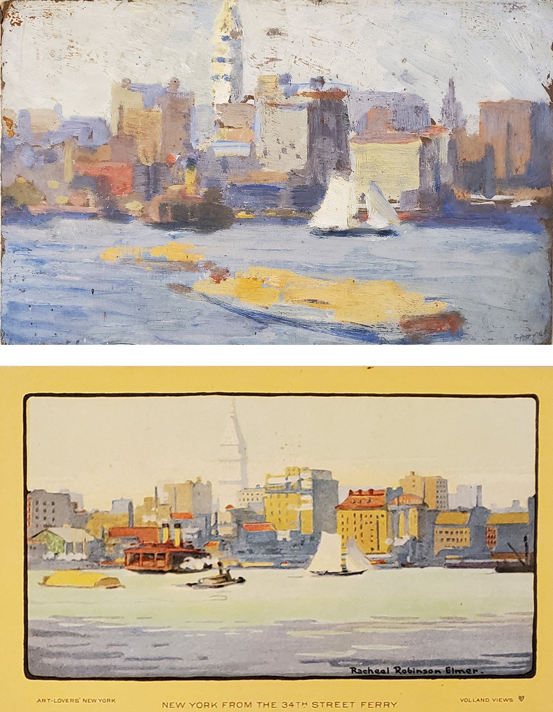 Study and postcard for “New York from the 34th Street Ferry”