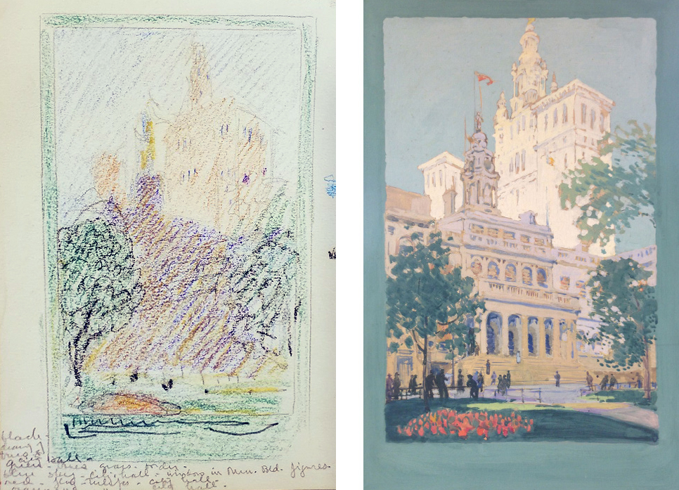 Color sketch and finished painting of Unpublished City Hall in New York from City Hall Park
