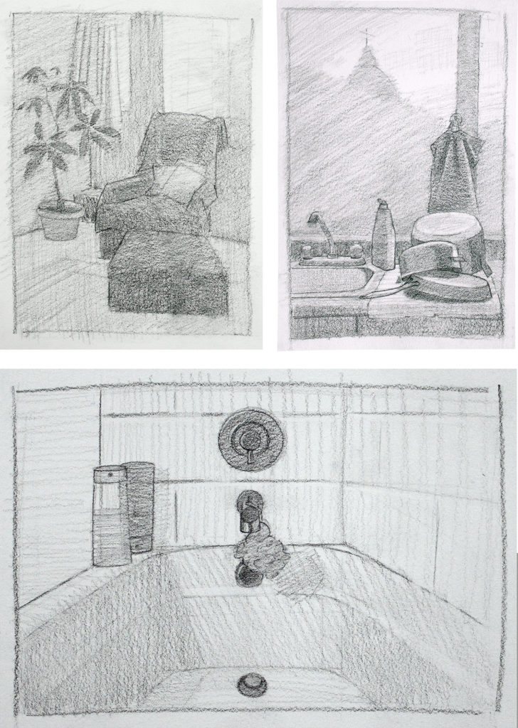 Reference Sketches of Kitchen, Bathtub, and Chair
