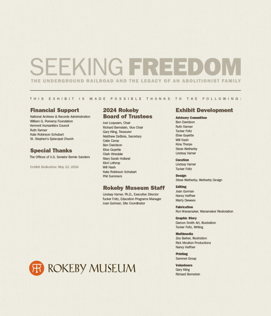 Exhibition credit panel at the opening of "Seeking Freedom: The Underground Railroad and the Legacy of an Abolitionist Family"