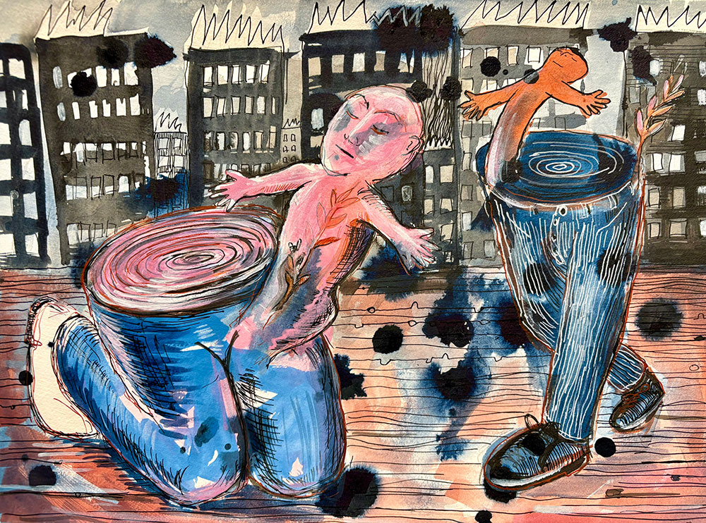Going back to an earlier stage of development; Watercolor and pen and ink; ©Todd Drake